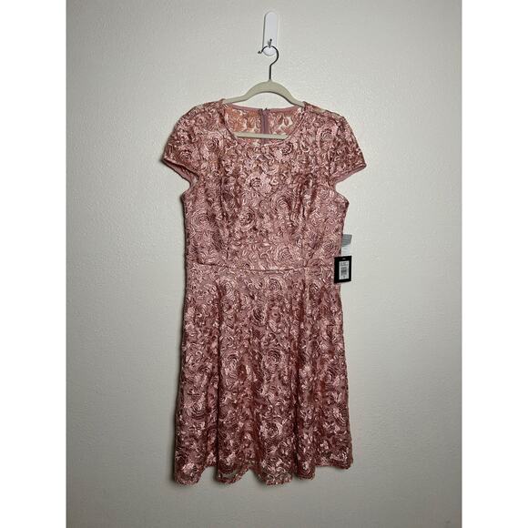 Marina Lace Fit & Flare Dress Pink Jewel Cap sleeves Zip closure Sz 12 NWT - Picture 1 of 8
